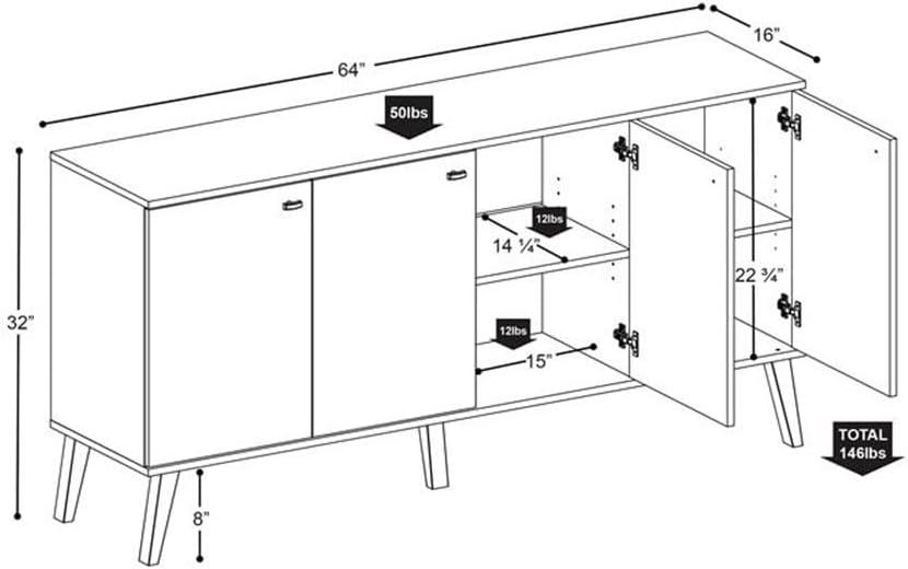 Milo Mid-Century Modern 4 Door Buffet Server Gray/White - Prepac: Laminated Composite Wood, Adjustable Shelves