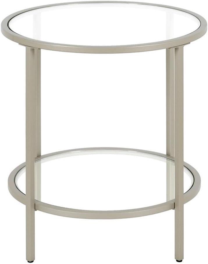 Satin Nickel 20" Round Metal & Glass Side Table with Shelf