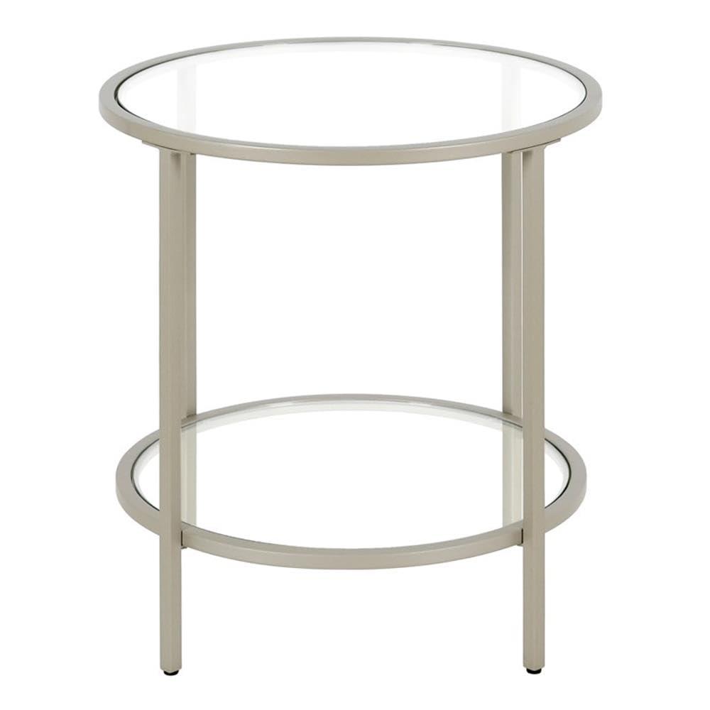 Satin Nickel 20" Round Metal & Glass Side Table with Shelf