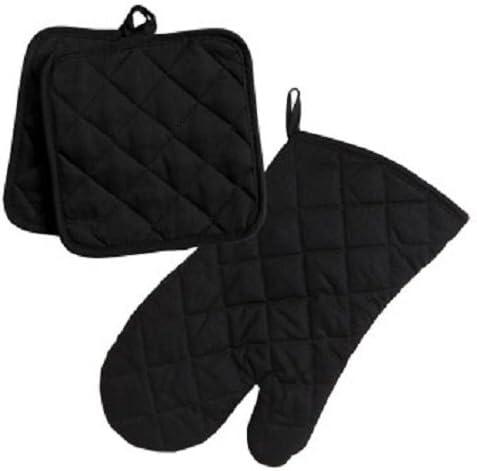 Black 3pc Set Oven Mitt with Potholders for Cooking, Baking, Grilling & Kitchen by Osnell USA