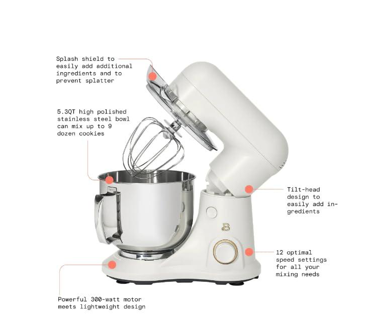 Beautiful 5.3 Qt Stand Mixer, White Icing with Flat Beater, Dough Hook, Balloon Whisk