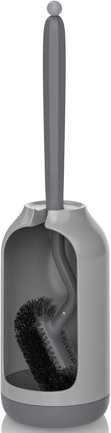 Toilet Bowl Brush Holder Set: Bathroom Deep Cleaning Toilet Cleaner Scrubber Under Rim with Curved Bristle for Dead Corner Clean - Hidden Rv Toilet Decorative Accessories with Caddy- Gray