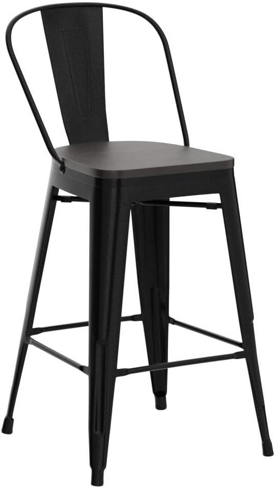 Alunaune 26" Swivel Metal Bar Stools Set of 4 High Back Counter Height Barstools Industrial Dining Bar Chairs with Large Wooden Seat-Matte Black