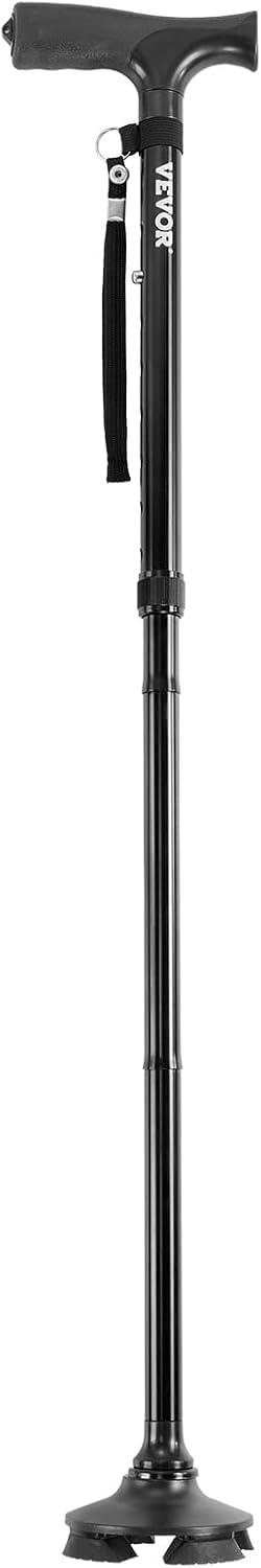 VEVOR Walking Cane for Man Woman, Folding Walking Stick with 8-Level Adjustable Height, 4-Pronged Pivoting Base, Lightweight & Portable Aluminum Mobility Aid for Seniors Adults, 250LBS Loading(Black)
