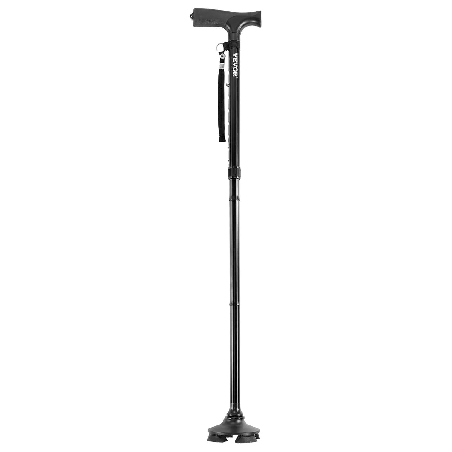 VEVOR Walking Cane for Man Woman, Folding Walking Stick with 8-Level Adjustable Height, 4-Pronged Pivoting Base, Lightweight & Portable Aluminum Mobility Aid for Seniors Adults, 250LBS Loading(Black)