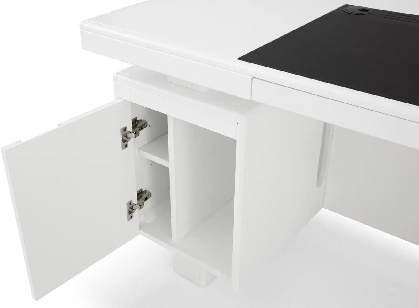 White Lacquer Modern Desk with Black Faux Leather Pad and Storage