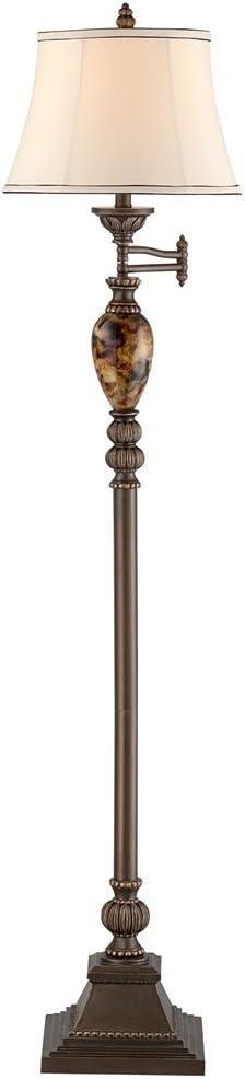 Kathy Ireland Vintage Swing Arm Floor Lamp 61" Tall Bronze Marble Font Faux Silk Shade for Living Room Reading House Bedroom Home