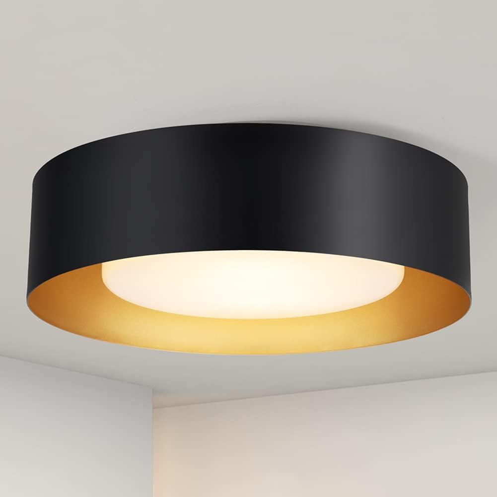 Modern Black and Gold Flush Mount Ceiling Lights, 16.5" Minimalist Glass Round Ceiling Lighting, Drum Close to Ceiling Light Fixtures for Living Room, Bedroom, Dining Room, Kitchen, Hallways
