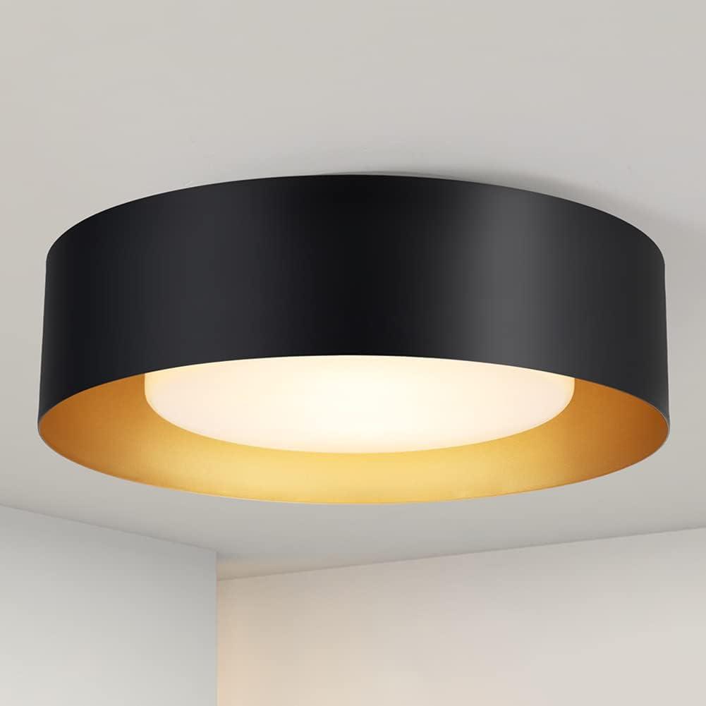 Modern Black and Gold Glass Drum Flush Mount Ceiling Light