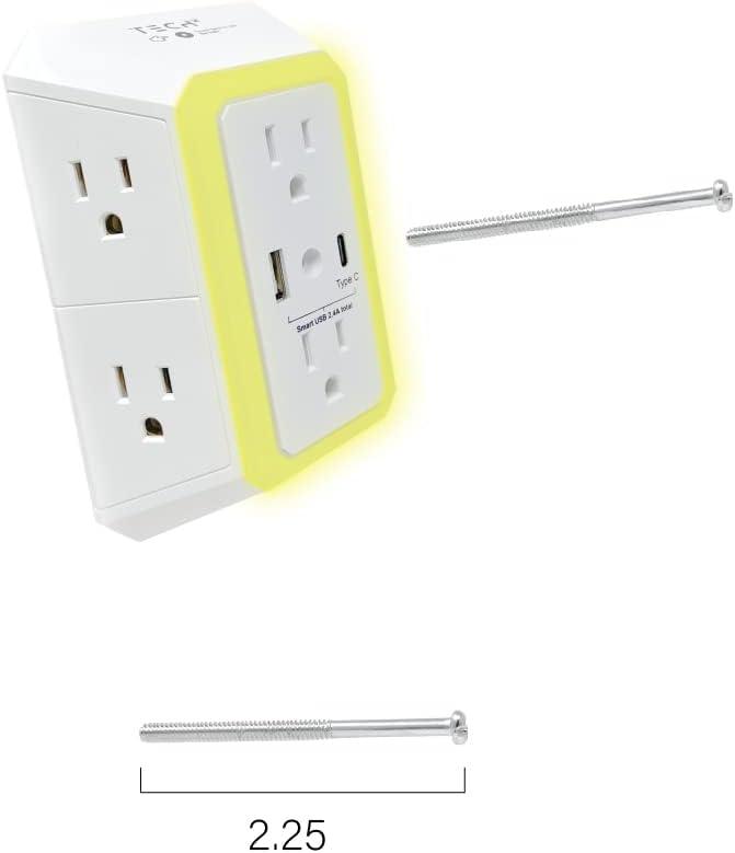 ONDOG 3 Sided Outlet Extender 6 Outlets with 2 USB Ports, Multi Plug Outlet Splitter for Home, Office