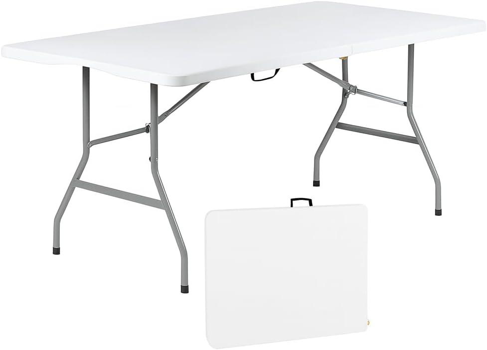 Plainsity Mesa Plegable de Plástico de 6 Pies - Mesa de Comedor Portátil, Plegable y Resistente para Fiestas, Bodas, BBQ, Camping, Eventos en el Patio Trasero - Mesa Utilitaria para Interiores/exteriores con Asa de Transporte Blanca