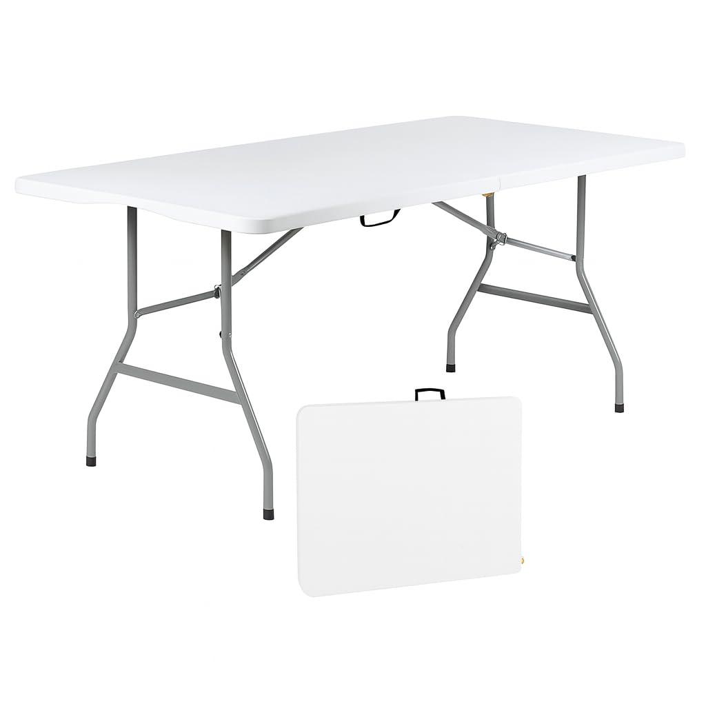 Plainsity Mesa Plegable de Plástico de 6 Pies - Mesa de Comedor Portátil, Plegable y Resistente para Fiestas, Bodas, BBQ, Camping, Eventos en el Patio Trasero - Mesa Utilitaria para Interiores/exteriores con Asa de Transporte Blanca