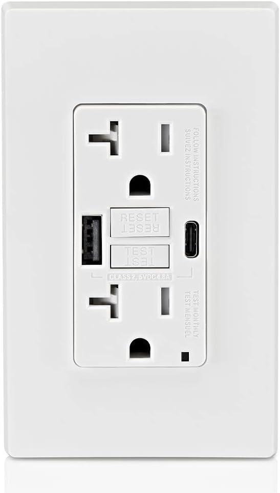 Leviton 20A SmartlockPro Self-Test GFCI Combination with Type A & Type-C USB in-Wall, USB Charger for Smartphones and Tablets, GUAC2-W, White