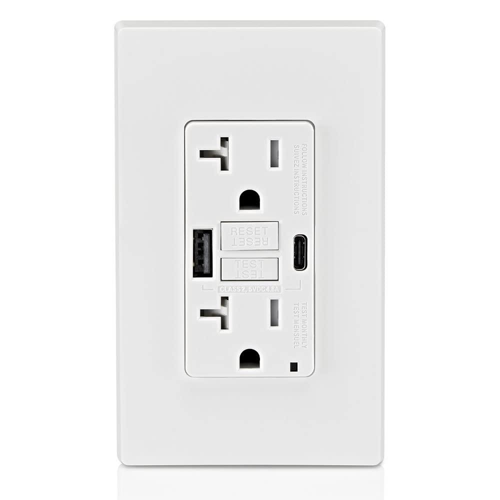 Leviton 20A SmartlockPro Self-Test GFCI Combination with Type A & Type-C USB in-Wall, USB Charger for Smartphones and Tablets, GUAC2-W, White