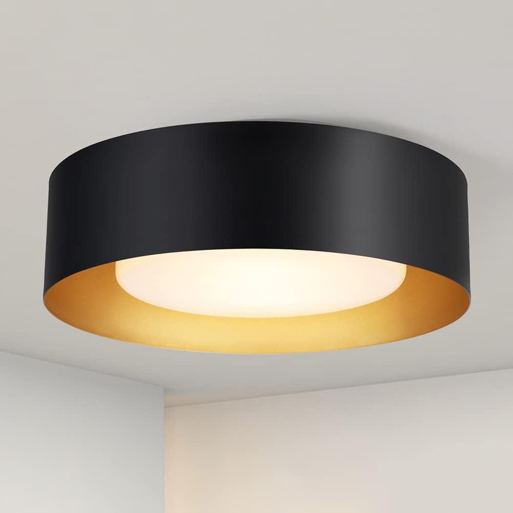 Modern Black and Gold Glass Drum Flush Mount Ceiling Light