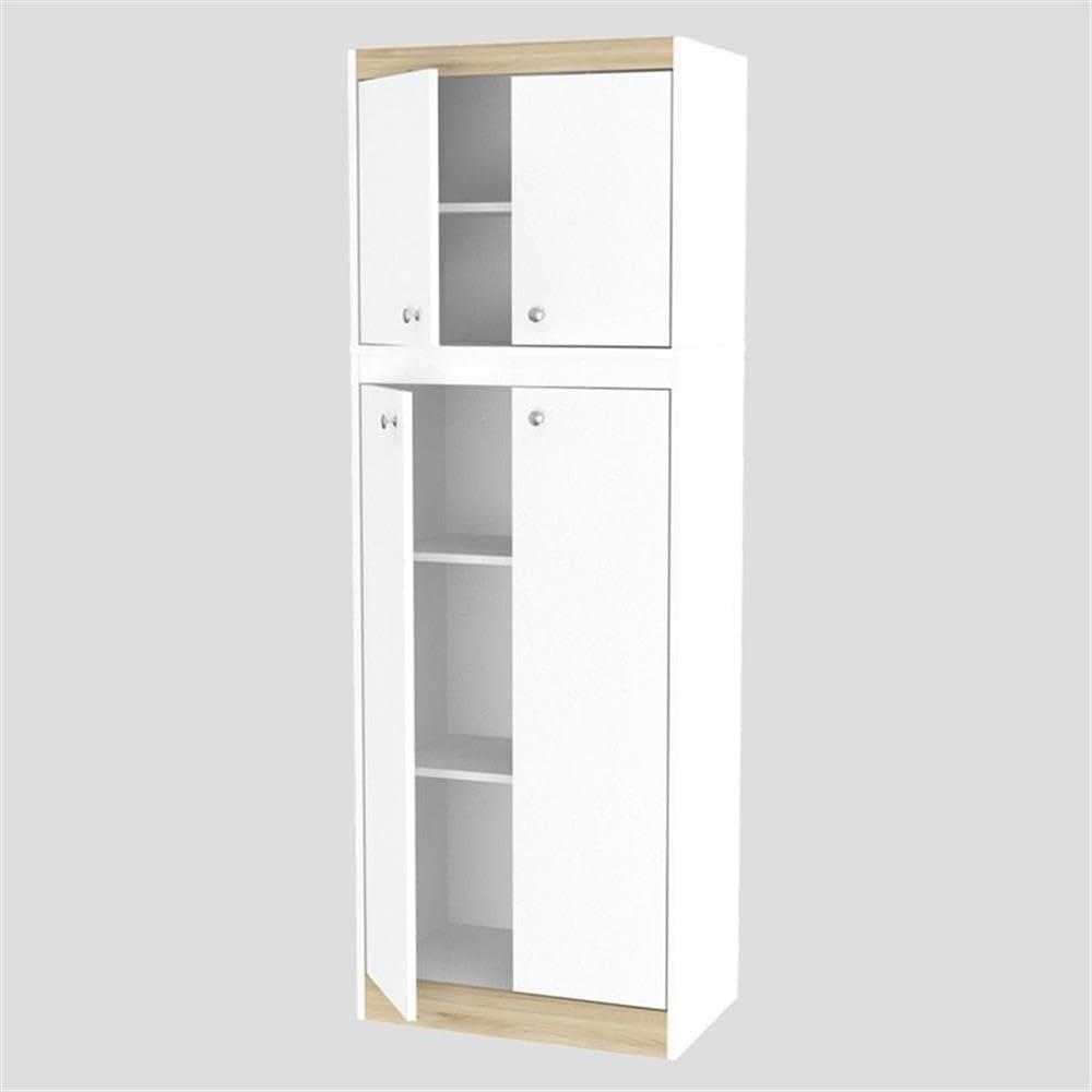 4 Doors Kitchen Storage Cabinet White/Oak - Inval: Modern Pantry with Adjustable Shelves