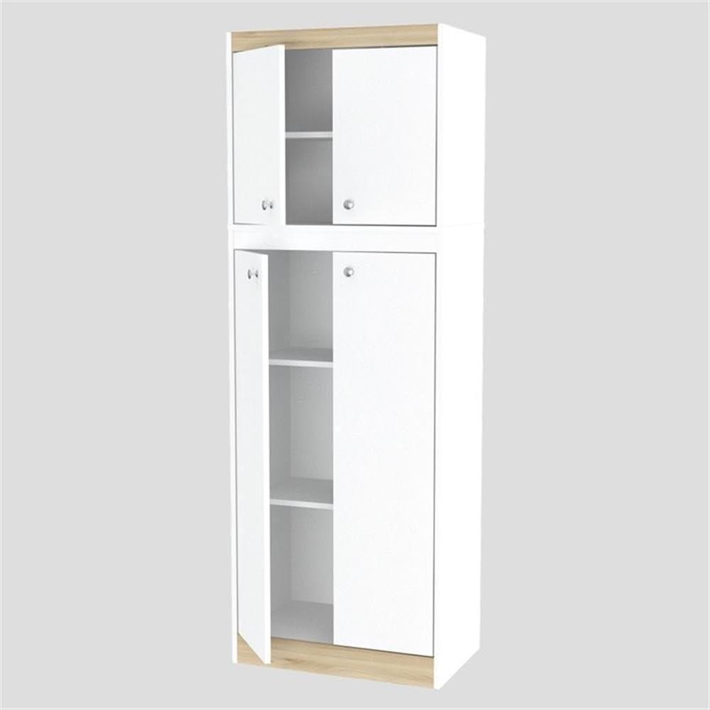 4 Doors Kitchen Storage Cabinet White/Oak - Inval: Modern Pantry with Adjustable Shelves