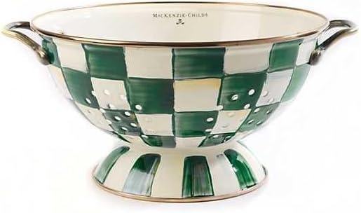 Large Green and White Hand-Painted Enamel Colander with Brass Handles