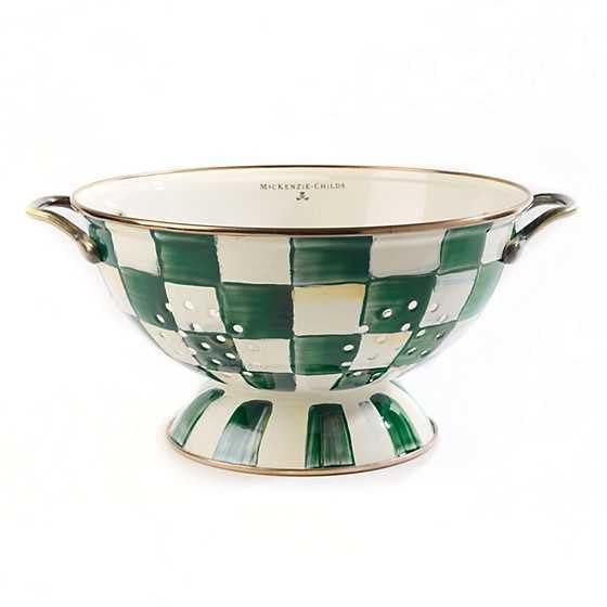Large Green and White Hand-Painted Enamel Colander with Brass Handles