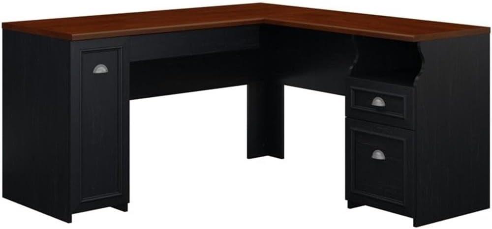 Antique Black Wood Corner Desk with Drawer and Keyboard Tray