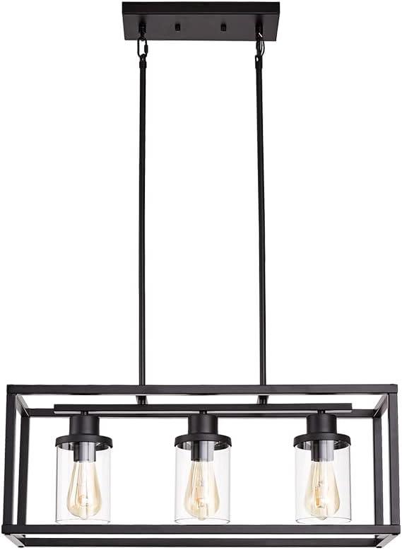 Black Metal and Glass 3-Light Kitchen Island Pendant