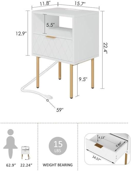 White and Gold Modern Nightstand with Drawer and Shelf