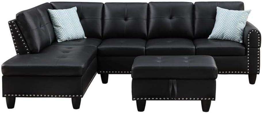 Devion Furniture Faux Leather Sectional Sofa with Ottoman-Black