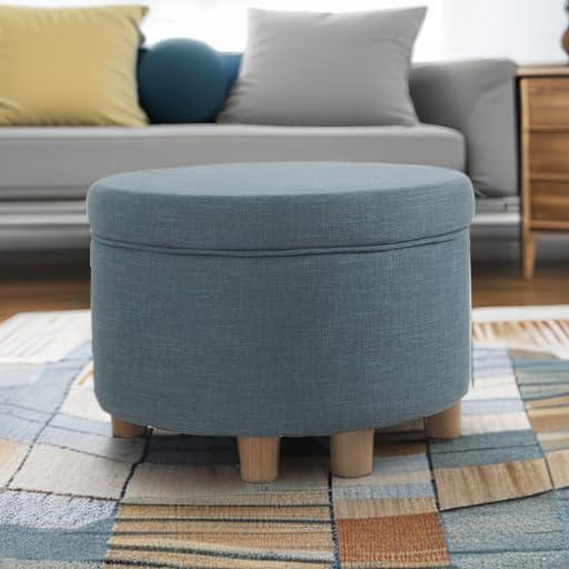 Round Storage Ottoman Teal - HomePop: Upholstered Footstool, Easy Lift Top, 250lb Capacity