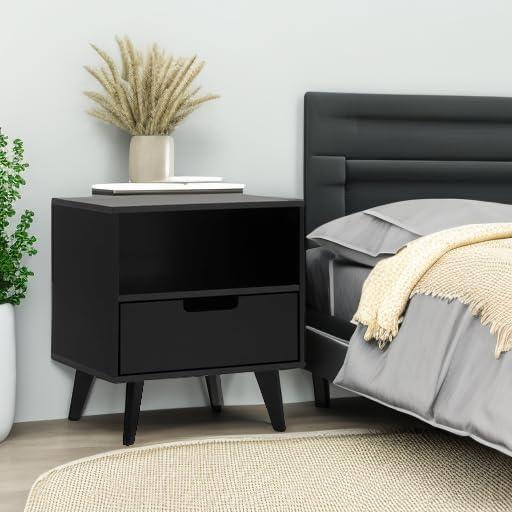 Black Mid-Century Modern 1-Drawer Nightstand with Open Cubby