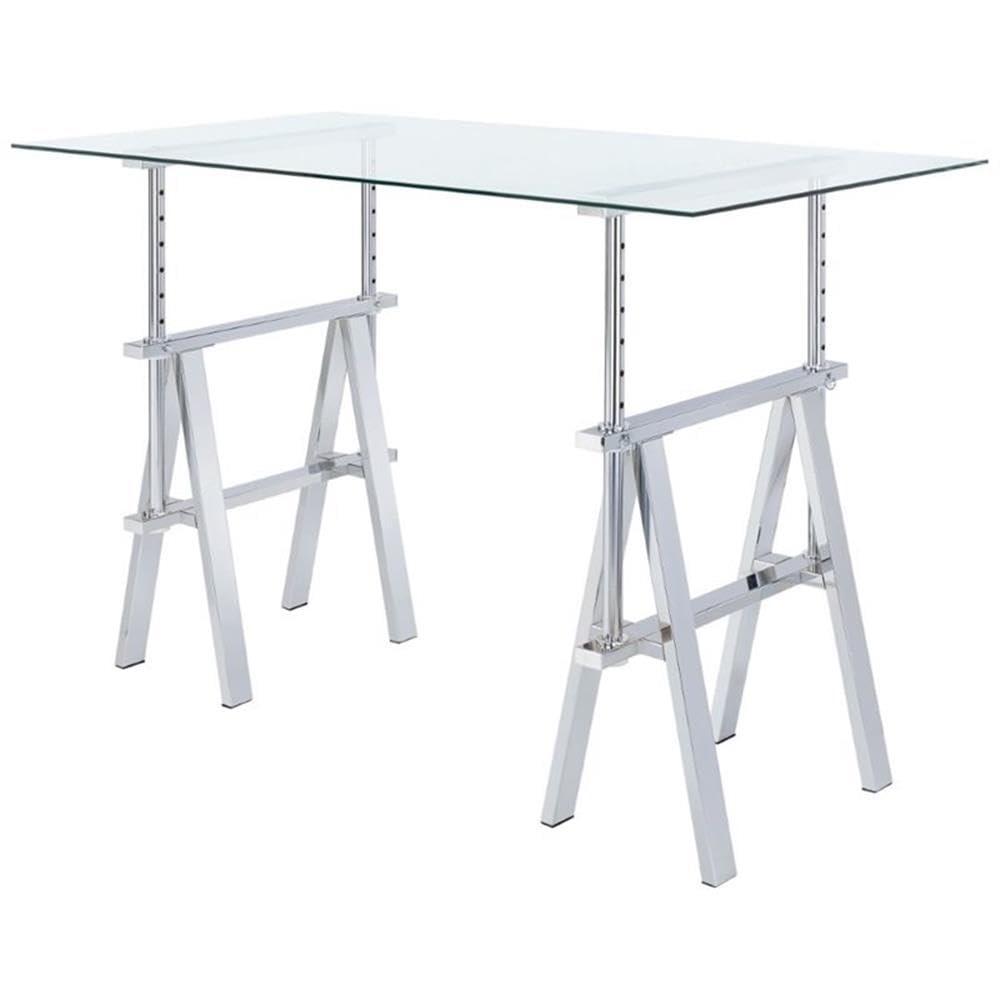 Statham Glass Top Adjustable Sawhorse Standing Desk Chrome - Coaster: Industrial Style, Manual Height Adjustability