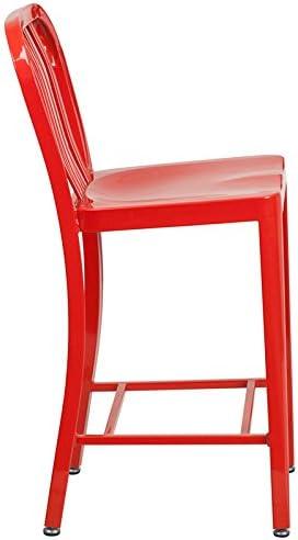 Flash Furniture Commercial Grade 2 Pack 24" High Red Metal Indoor-Outdoor Counter Height Stool with Vertical Slat Back