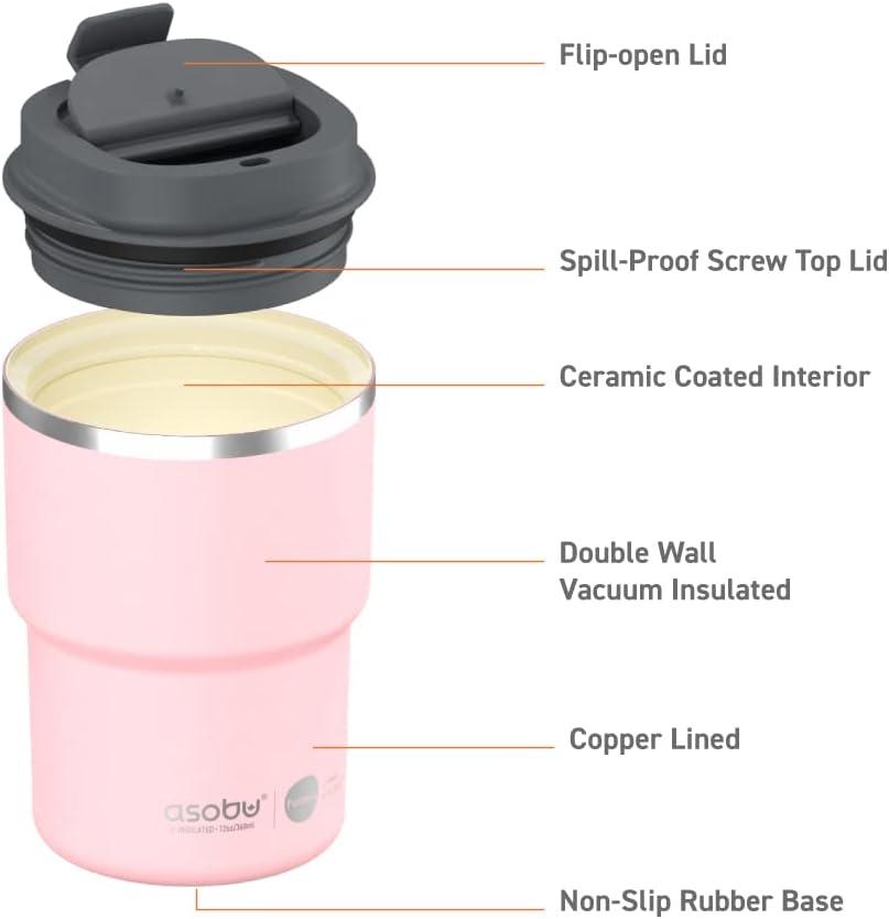 Asobu Ultimate Stainless Steel Ceramic Inner Coating Coffee Mug with Double Walled Copper Lining Insulation, 12 Ounces - (Pink)