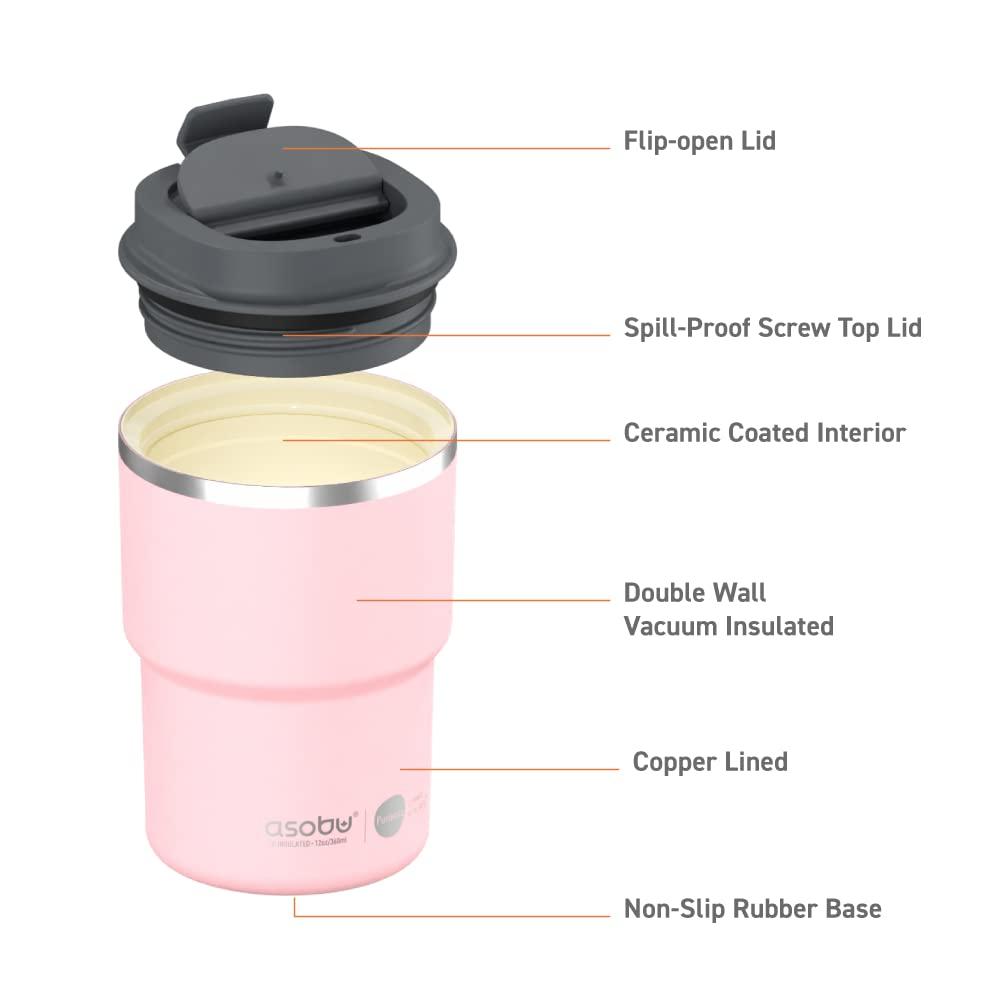 Asobu Ultimate Stainless Steel Ceramic Inner Coating Coffee Mug with Double Walled Copper Lining Insulation, 12 Ounces - (Pink)
