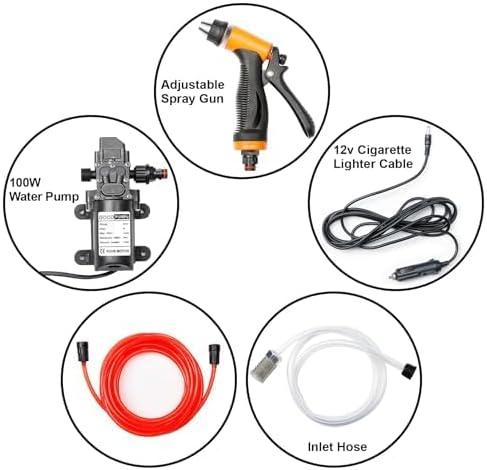 Portable Intelligent Electric Pressure Washer Pump 100W 160 PSI 12V Portable Pressure Powerful Washing Kit with 21.3 Feet PVC Hose for Home, Car, Garden, Projects (100 W-Black Hose)