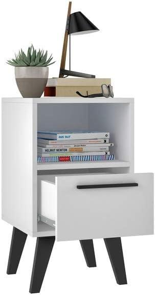 Amsterdam White Mid-Century Modern Nightstand with Open Shelf and Drawer