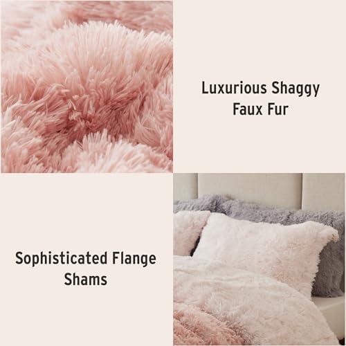 Intelligent Design King/Cal King Shaggy Faux Comforter Set, Long Fur Wave Spring Comforter Bedding Set, 3-Piece Striped Ombre Design Warm Bed Set, Blush