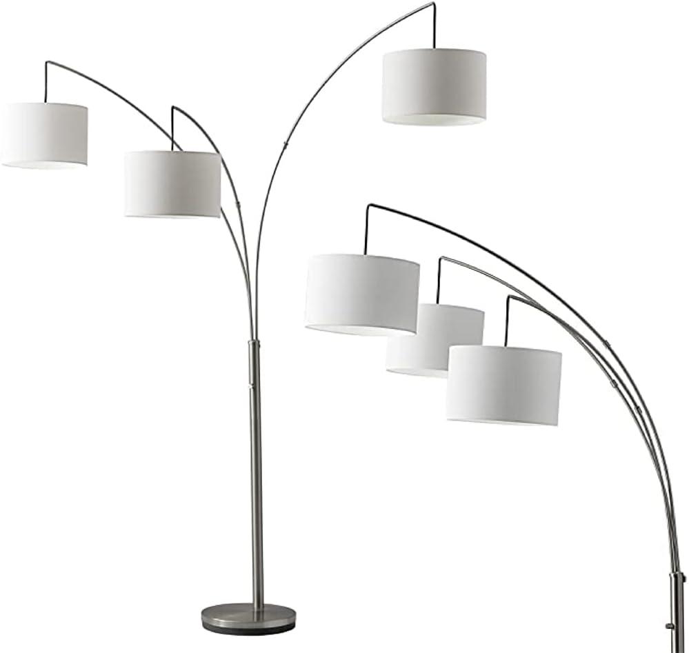 Trinity Brushed Steel 74'' Adjustable Arc Floor Lamp with White Shades