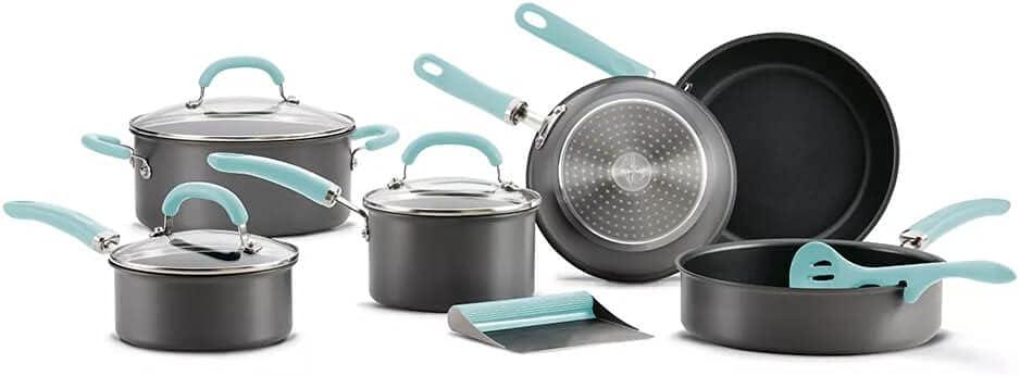 Rachael Ray Create Delicious 11pc Hard Anodized Nonstick Cookware Set Light Blue Handles