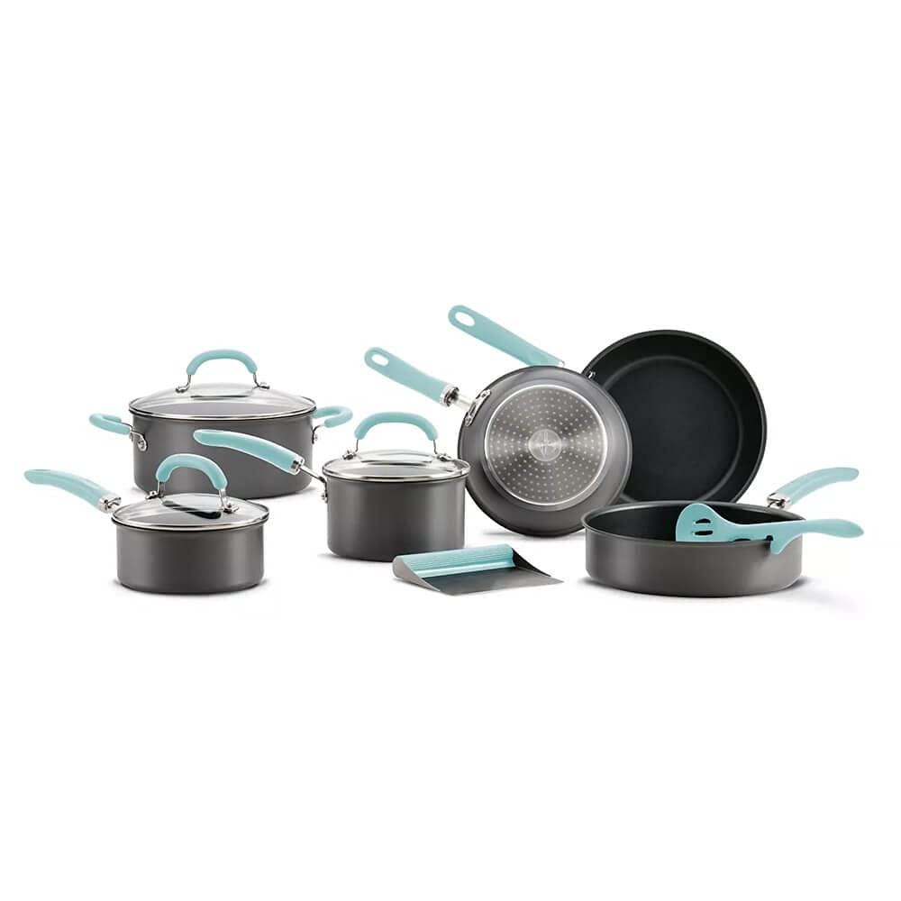 Rachael Ray Create Delicious 11pc Hard Anodized Nonstick Cookware Set Light Blue Handles