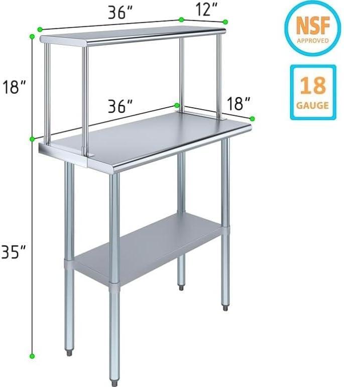 AmGood 18" x 36" Stainless Steel Work Table With 12" Wide Double Tier Overshelf | Metal Kitchen Prep Table & Shelving Combo