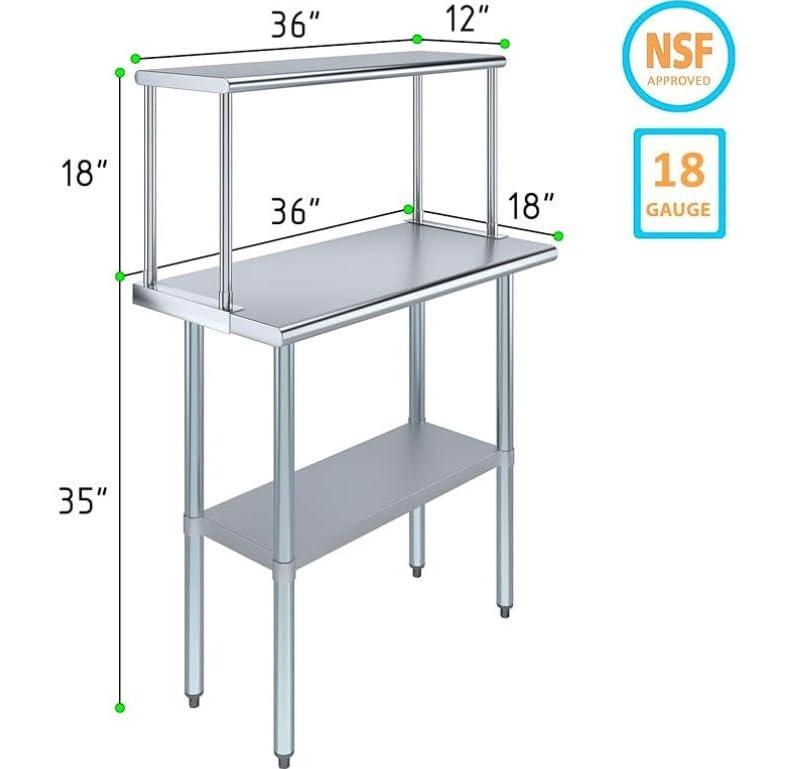 AmGood 18" x 36" Stainless Steel Work Table With 12" Wide Double Tier Overshelf | Metal Kitchen Prep Table & Shelving Combo