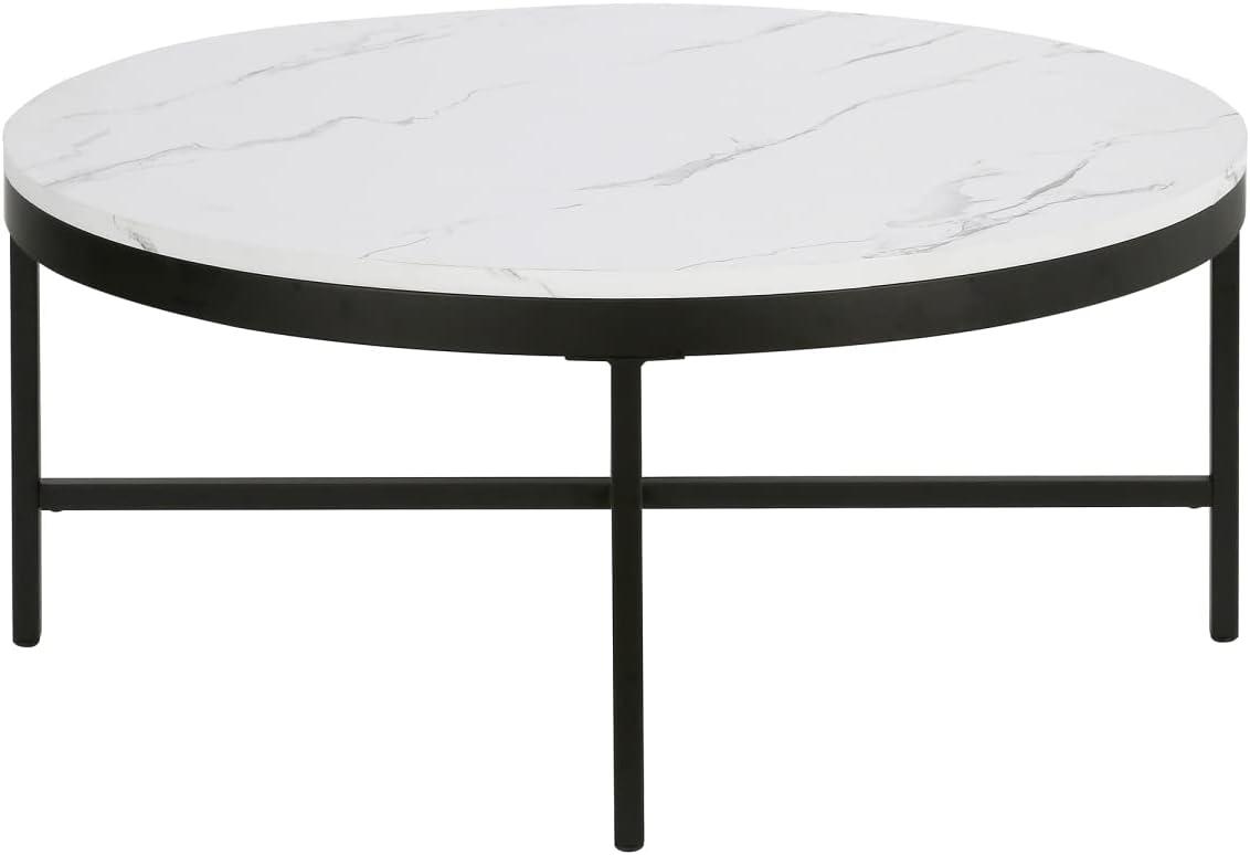 Elegant 36" Round Faux Marble Coffee Table with Bronze Finish