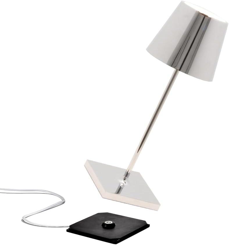 Zafferano Poldina Pro Mini Table Lamp Color: Glossy Chrome in Aluminum, IP54 Protection, Contact Charging Base Included, 11, USA Plug