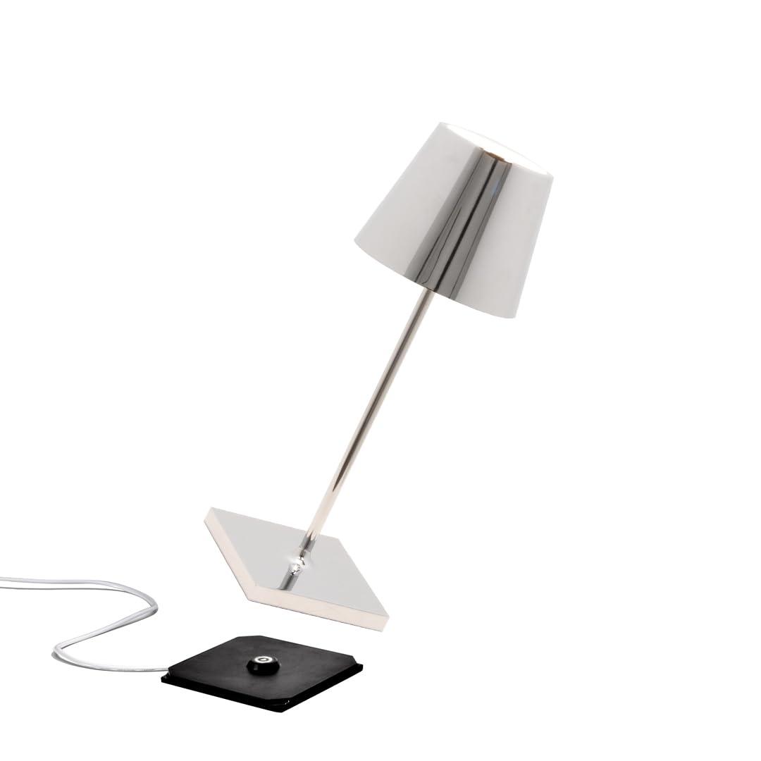 Zafferano Poldina Pro Mini Table Lamp Color: Glossy Chrome in Aluminum, IP54 Protection, Contact Charging Base Included, 11, USA Plug