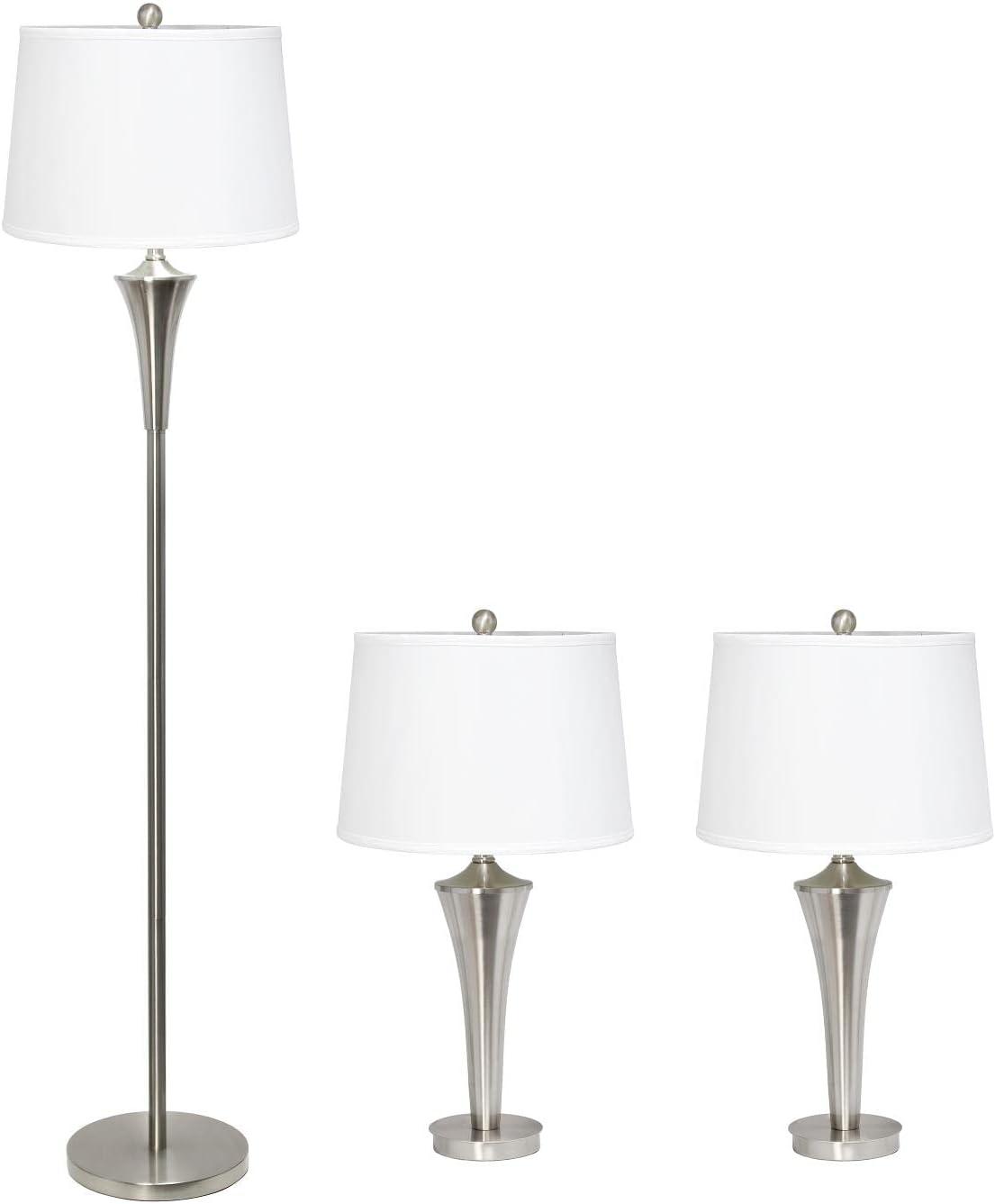 Sleek Modern Brushed Nickel 3-Piece Lamp Set with White Shades