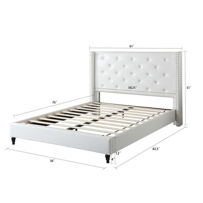 Oliver and Smith Full Upholstered Platform Bed Frame Light Beige - 51 Inch Tall Button Tufted Headboard - Soft Linen Fabric Wood Slats - Modern Fabric Design - Easy Assembly (ASTOR)