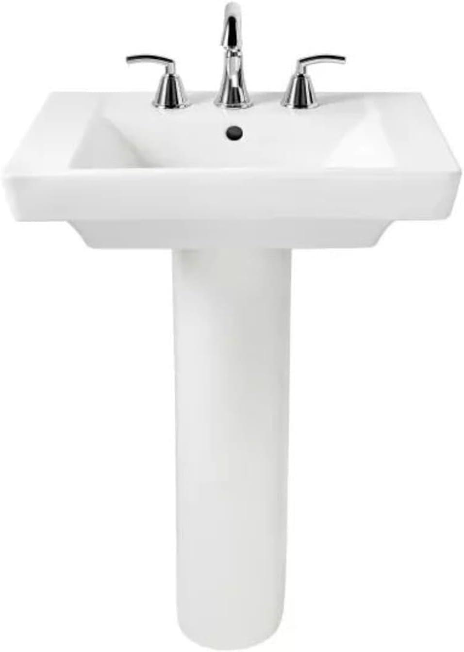 White Rectangular Ceramic Pedestal Sink with Overflow