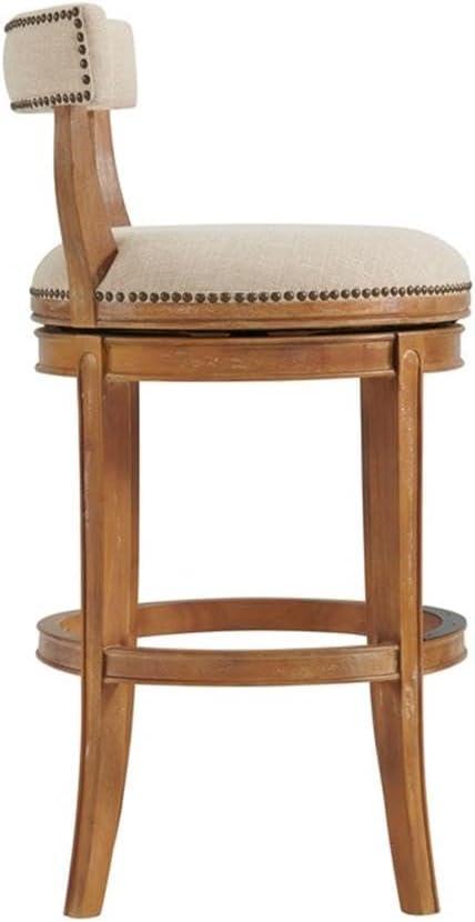 Alaterre Hanover Swivel Bar Height Stool, Weathered Brown and Beige, Solid Rubberwood Frame with Faux Linen Upholstered Seat, Nailhead Trim, Memory Return Swivel, 20 in. W x 22 in. D x 41 in. H