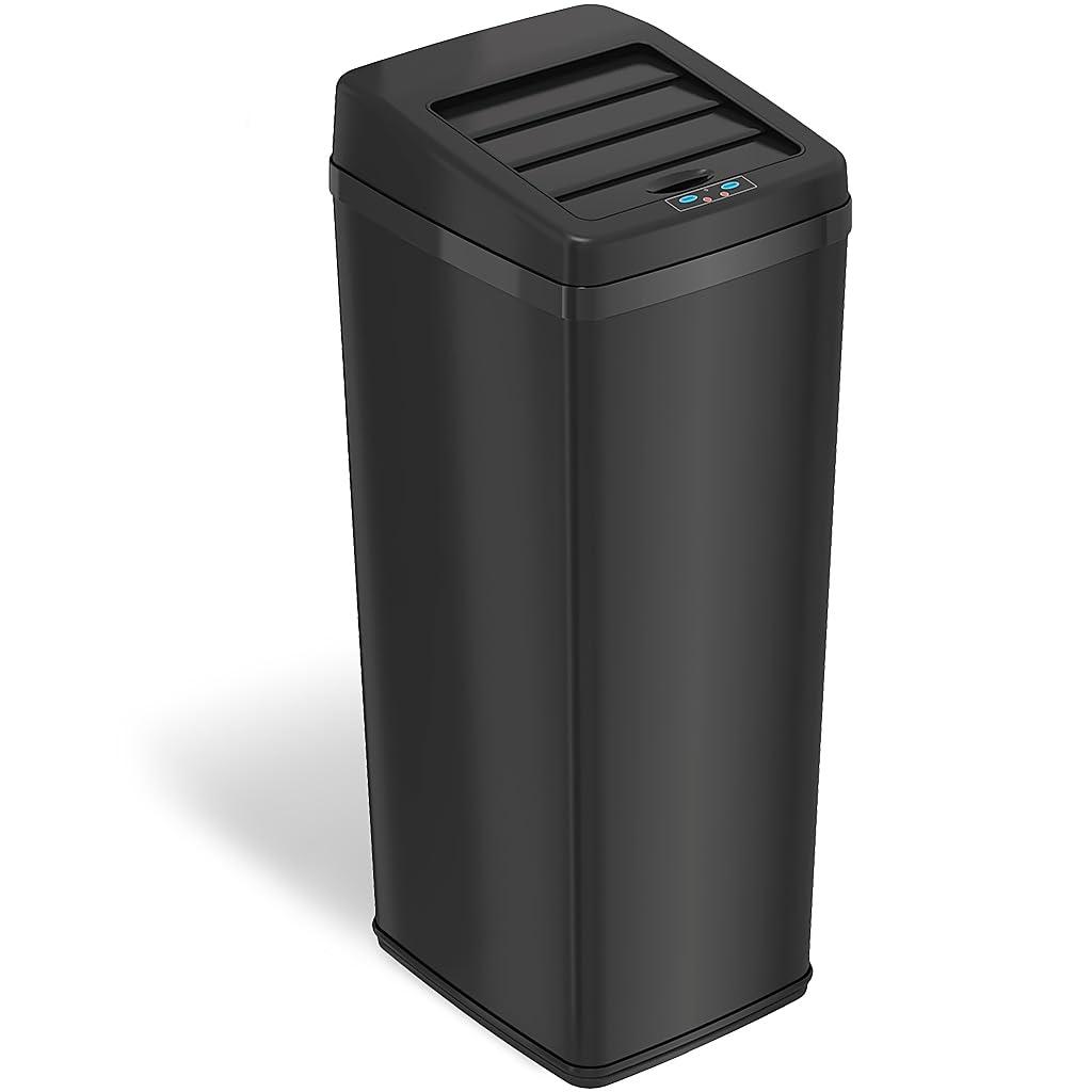 iTouchless Sliding Lid Sensor Kitchen Trash Can with AbsorbX Odor Filter 14 Gallon Black Stainless Steel