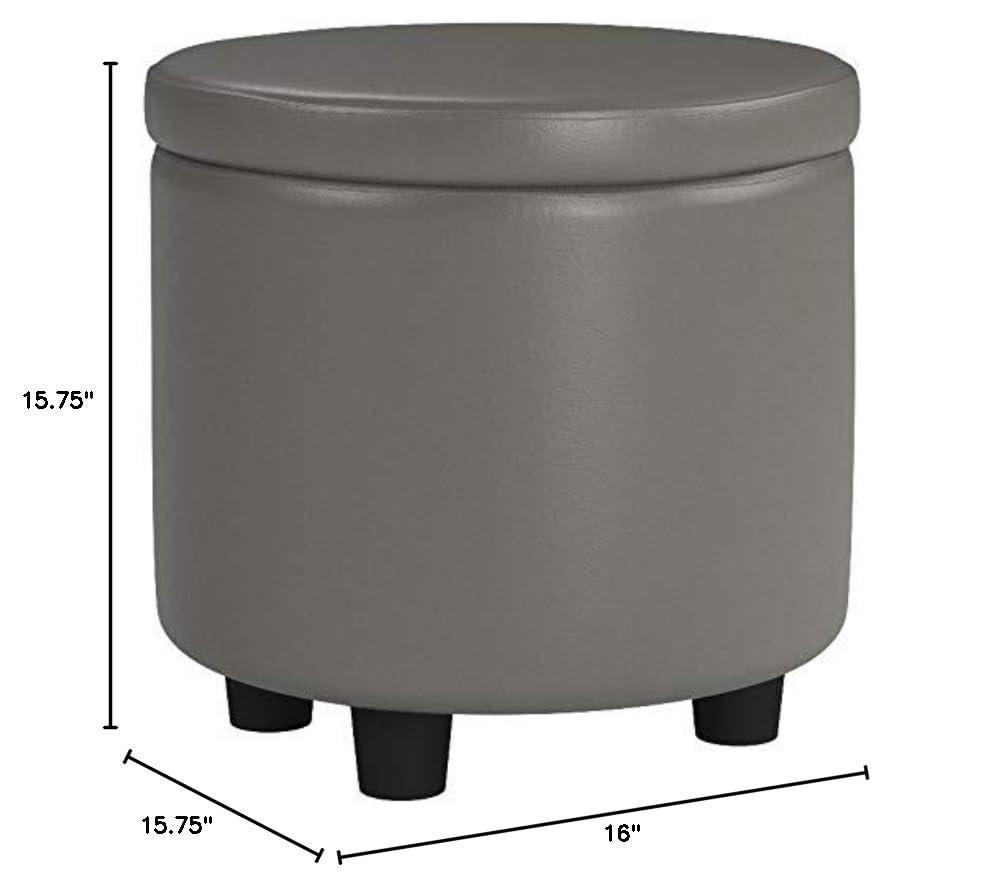 Designs4Comfort Round Accent Storage Ottoman with Reversible Tray Lid, Taupe Gray Faux Leather